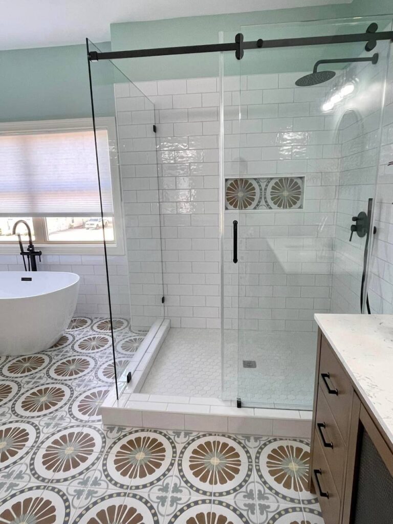 Spa-inspired bathroom with freestanding tub, walk-in shower, and patterned tile floor