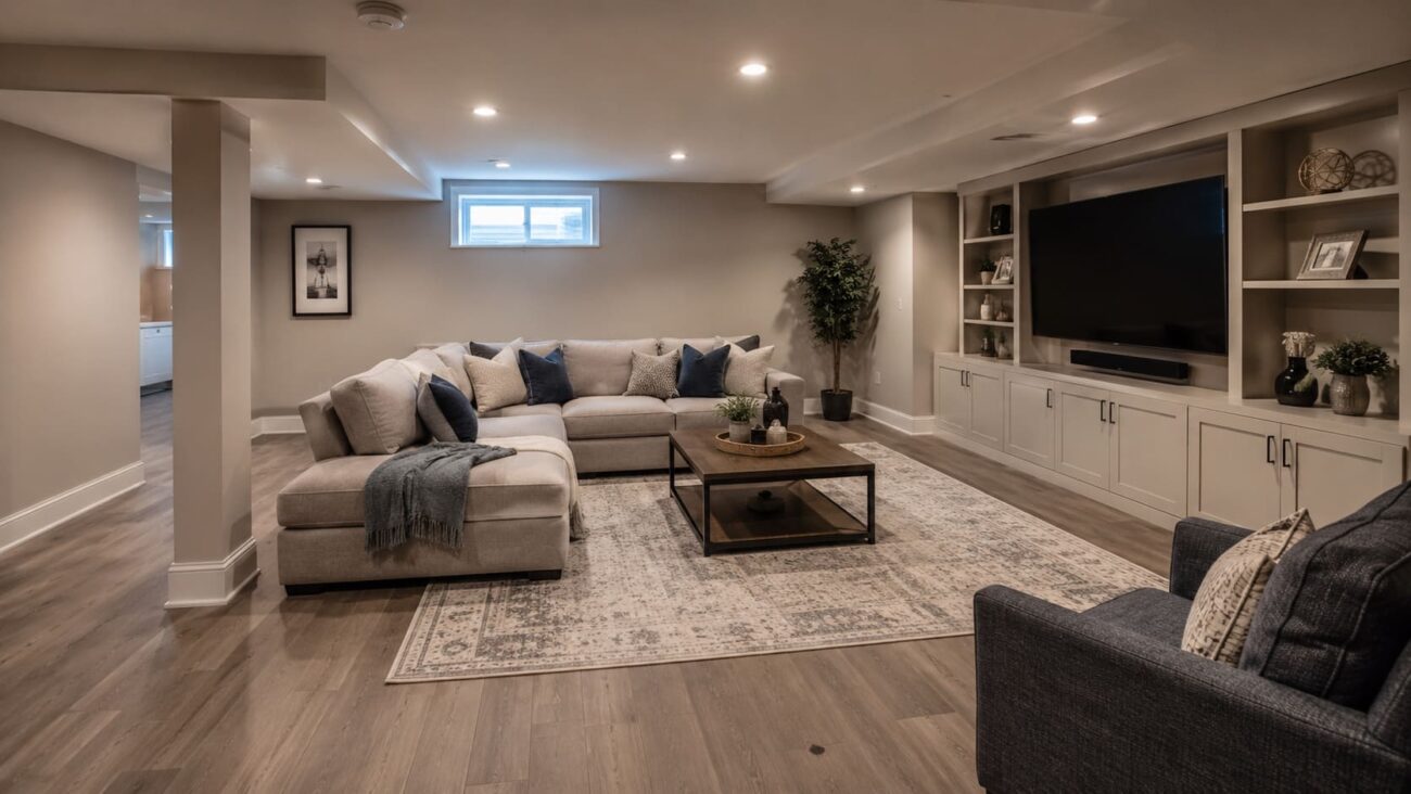 Finished basement family room with sectional sofa, built-in media wall, and recessed lighting