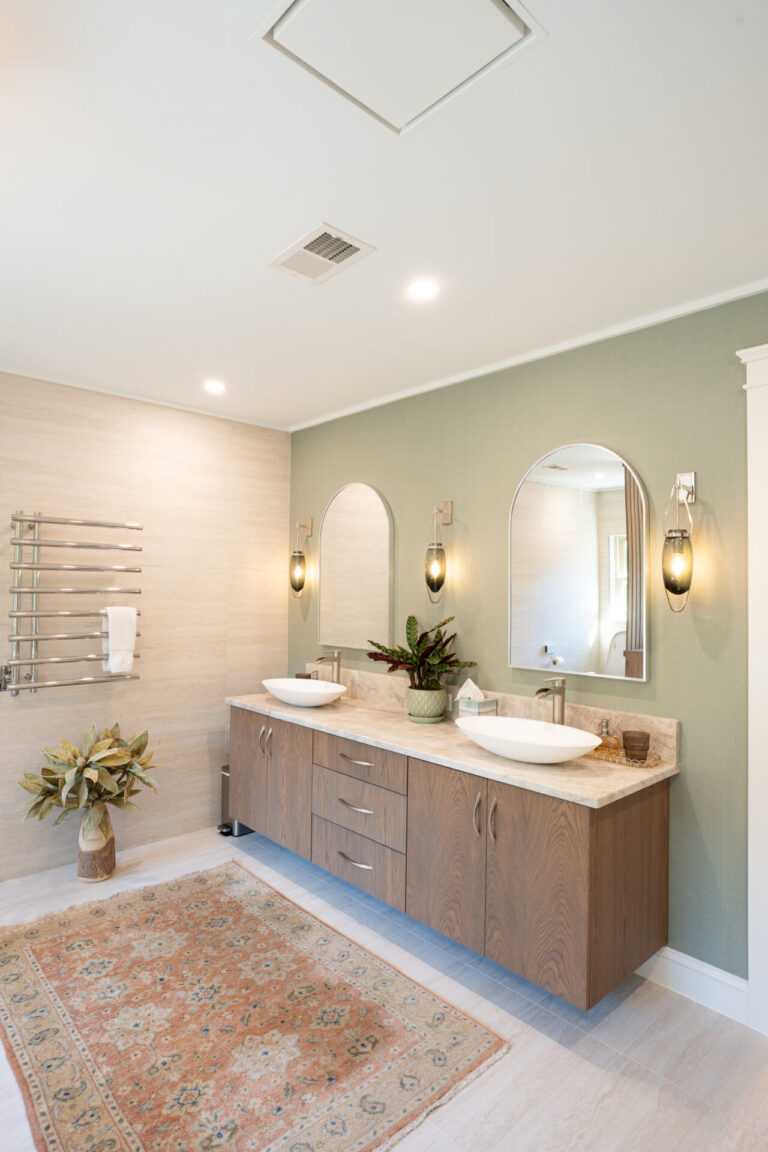 Bathroom remodel with soaking tub, walk-in shower, and warm wood privacy screen