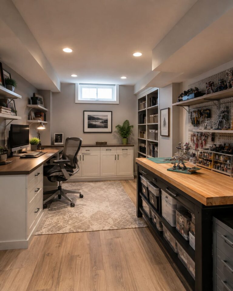 Finished basement home office and hobby room with built-in storage and workspace