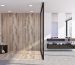 Panoramic modern bathroom interior with a light wooden shower stall and a double sink. 3d rendering mock up